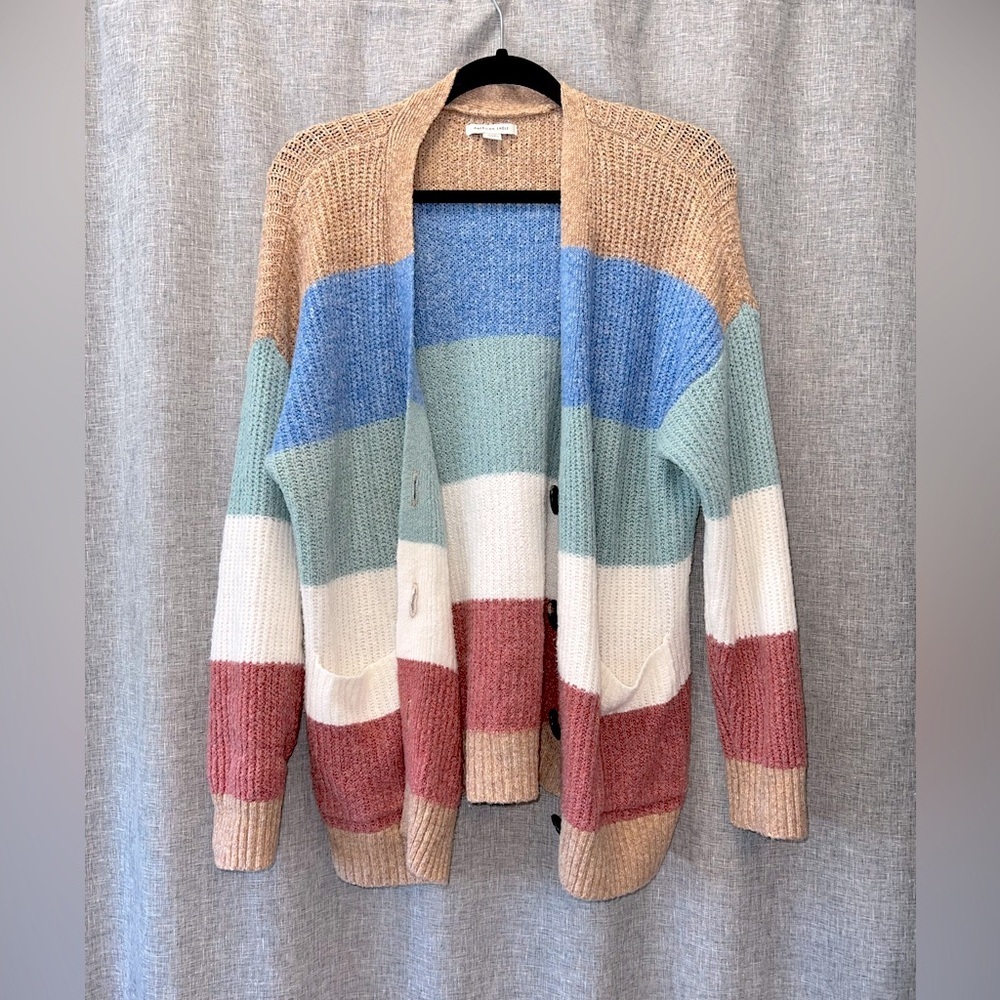 American Eagle Colorblock Open Front Cardigan Sweater | Multicolor Stripes | Siz